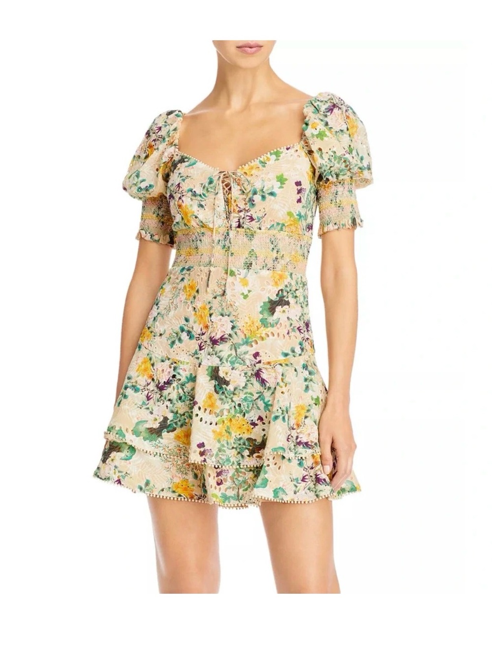 Alice + Olivia Cream Floral Puff-Sleeve Mini Dress
